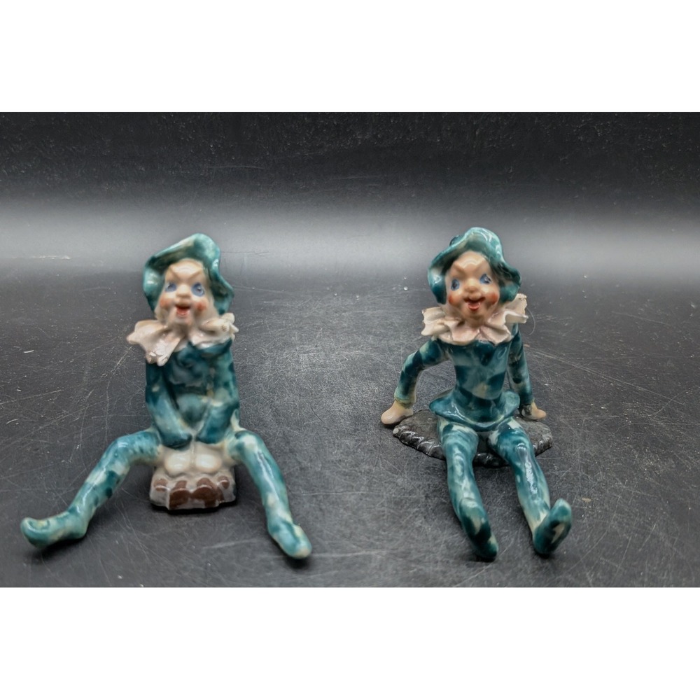 Vintage Blue Marbled Ceramic Pixie Elf Figurines Set of 2 Made in Japan MCM